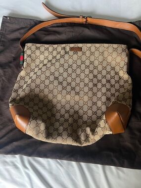 Gucci Brown Beige GG Canvas Hobo with Tan Leather Trim